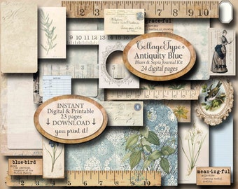 Blue, sepia, white journal kit, botanicals, 24 digital pages, PDF and JPG, you print