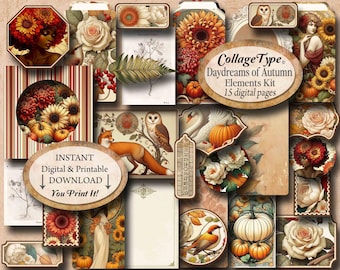 Autumn Journal Kit: Orange Ivory Fall Flowers 15 different collage art pages