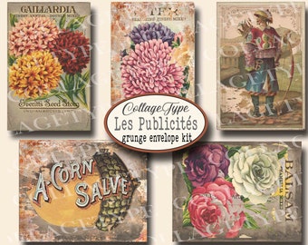 Puede incluir: Un collage de imágenes de estilo vintage con ilustraciones florales y botánicas. Las imágenes incluyen paquetes de semillas, anuncios y una etiqueta ovalada central con el texto "Collage Type Les Publicités grunge envelope kit."
