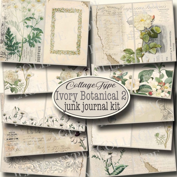 Ivory Botanical Junk Journal, Kit, Digital, Unique, White, Beige, Ivory  Ephemera, 21 Pages 