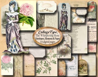 Junk Journal, roses, scrapbook papers, ivory, sepia, 14 pages jpg and pdf download