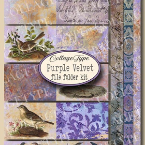 Junk Journal, folio, paars, vogels, foliokit, afdrukbaar, digitaal, 13 vellen