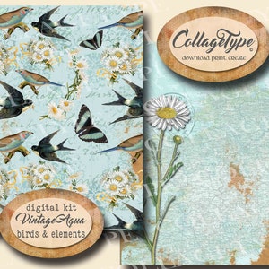 Folio, junk journal digital, aqua, sage, birds ephemera, PDF JPG 10 digital sheets