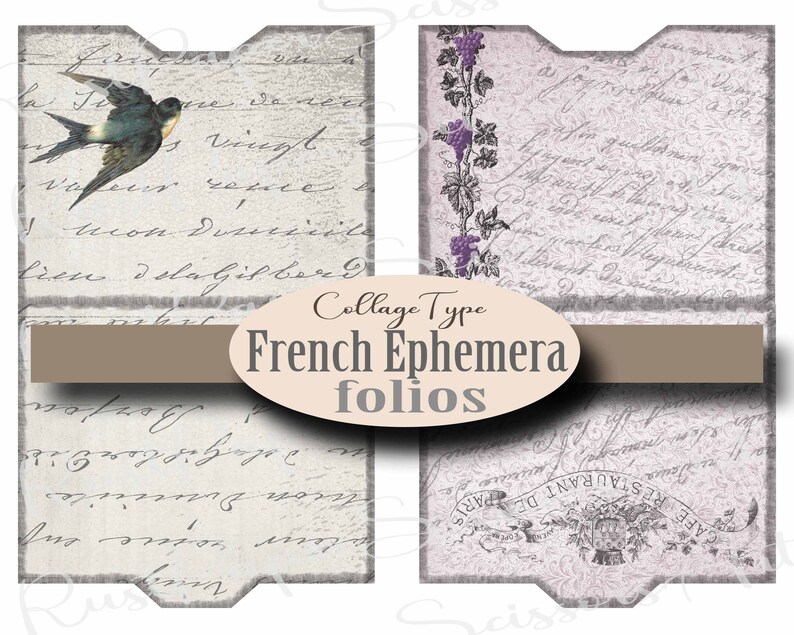 Mini File Folders, French Themed, Ephemera, Grey, Pastel Digital Kit ...