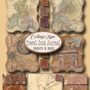 junk journal kit, travel ephemera, grunge, 20 pages, sepia, tan, instant download