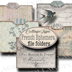 May include: Collage of four vintage-style file folders with a French theme. The folders feature floral patterns, handwritten text, and a bird design. The text on the folders reads "Collage Type French Ephemera file folders" and "6. Rue Mission de France Marseille".