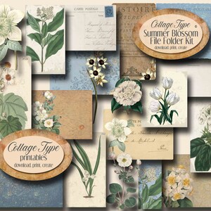 May include: A collage of vintage botanical illustrations and postcards. The images feature various white and cream-colored flowers, green leaves, and handwritten text. The text on the image reads "Collage Type Summer Blossom File Folder Kit" and "download, print, create".