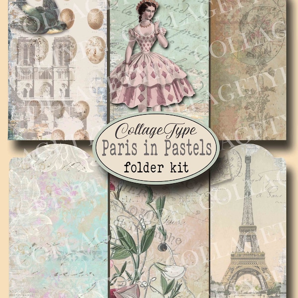 Paris junk journal, Aqua, Sage, Purple, 14 digital download papers