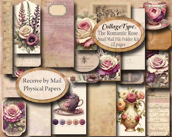 Printed Junk Journal kit, roses, physical scrapbook collage papers, 12 pages mailed to you