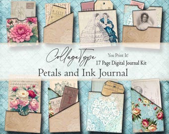 Journal with file kit peonies and dahlia in ivory tan pink and blue 17 pages digital