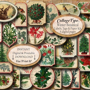May include: A digital printable set of 5 pages of winter botanical labels, tags, and paper. The set includes images of holly, pine trees, poinsettias, and other winter plants. The text "Collage Type Winter Botanical Labels, Tags & Paper Kit 5 digital pages" is included in the image.