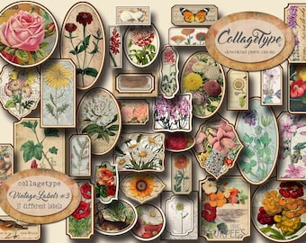 junk journal labels #3, botanicals, labels tags, ephemera, JPG 4 pages