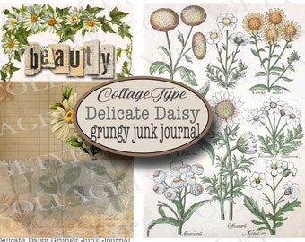 Junk Journal, Daisies, Grunge, Sepia, Ivory, 21 Page Digital