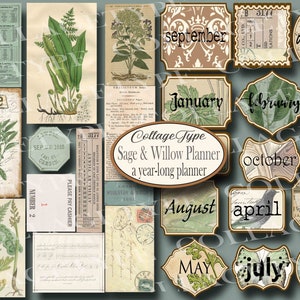 Peut inclure: Un ensemble de pages de planificateur imprimables sur le thème de la sauge et du saule. Les pages présentent des illustrations de plantes, de fleurs et de papillons, ainsi que les mois de l'année. Le texte "Collage Type Sage & Willow Planner a year-long planner" est inclus sur la page.