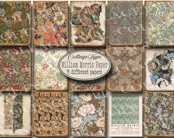 May include: A selection of 15 William Morris paper designs, showcasing floral and botanical patterns in shades of green, brown, and blue. The text reads "Collage Type William Morris Paper 15 different papers". The papers have a vintage aesthetic.