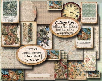 Morris style junk journal kit with papers and elements in JPG and PDF 22 pages