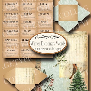 May include: A collage of paper ephemera with a winter theme. The collage includes words like "woodland", "winter", "pine-cone", "reindeer", "glitter", "holly", "snowflake", "merry", "believe", "wonderland", "sleigh", "frost", "botanical", "jolly", "bright", "grateful", "thank", "dream", "mistletoe". The collage also includes images of a pine tree, a reindeer, a snowflake, and a holly bush.