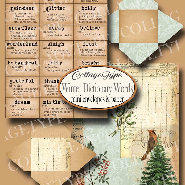 winter dictionary labels, junk journal, paper, digital download, 3 sheets