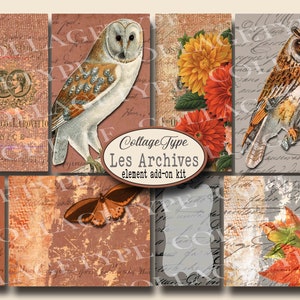 Franse ephemera, Parijs, oranje, grijs, uilen, junkjournal digitaal, 19 vellen