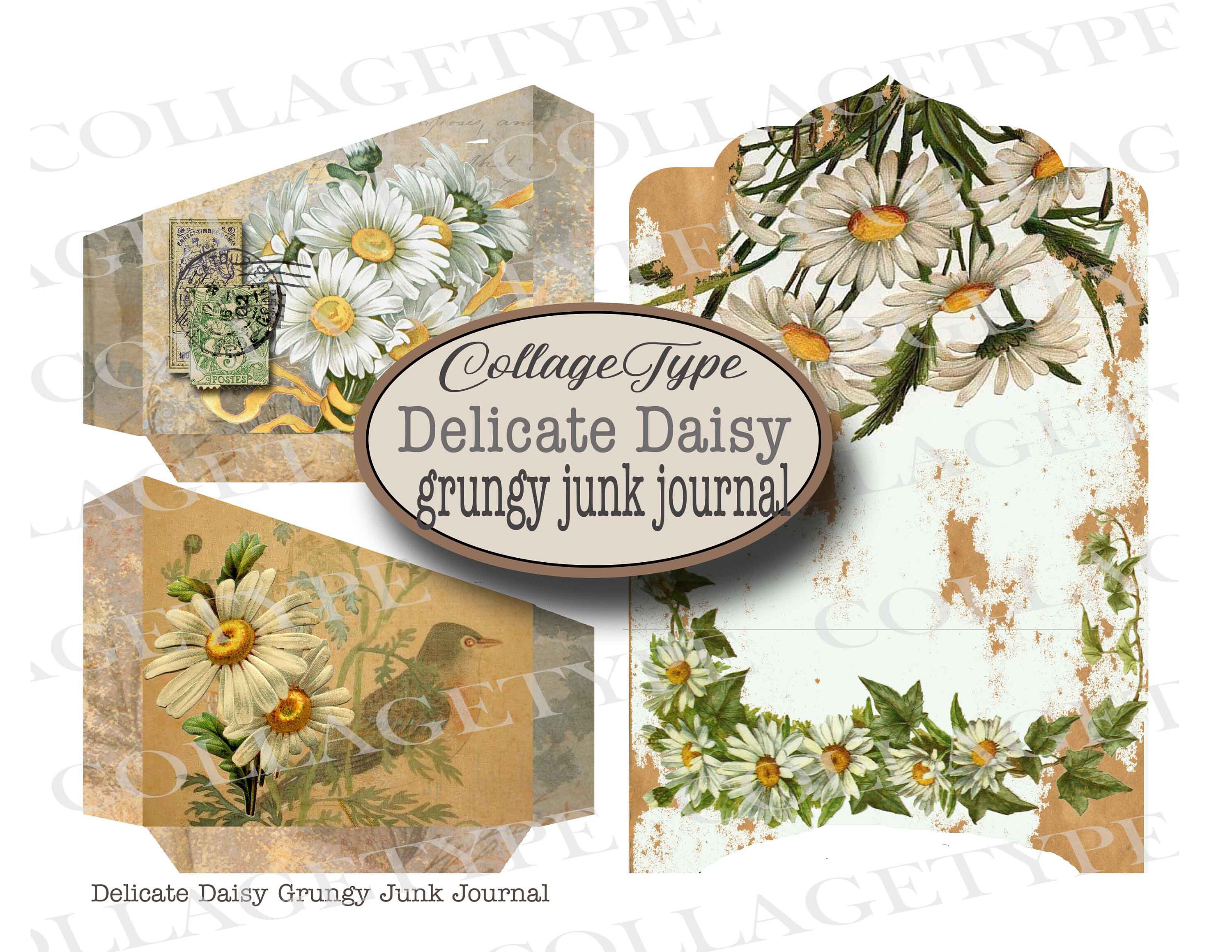 Junk Journal, Daisies, Grunge, Sepia, Ivory, 21 Page Digital