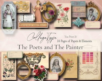 Junk Journal collage papers, folders, pockets, journal cards,16 pages JPEG PDF both