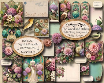 Junk Journal Kit, Woodland dahlias, hydrangeas, pink, aqua, sepia 29 digital collage pages