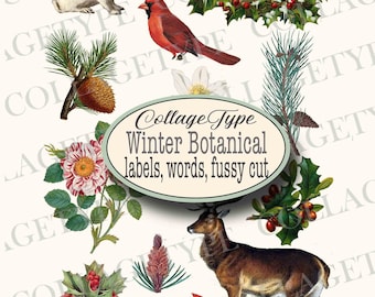 winter botanical, labels, christmas junk journal,  fussycut, botanicals