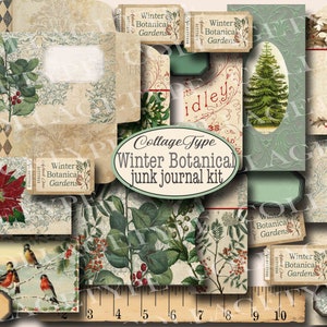 Botanica invernale, download digitale, verde, rosso, seppia, 31 fogli di collage