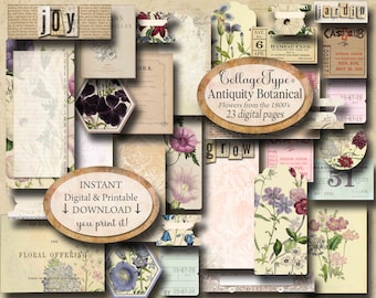 Botanical Journal Kit: Sepia Pink Flowers, 1800s Ephemera 23 pages you print