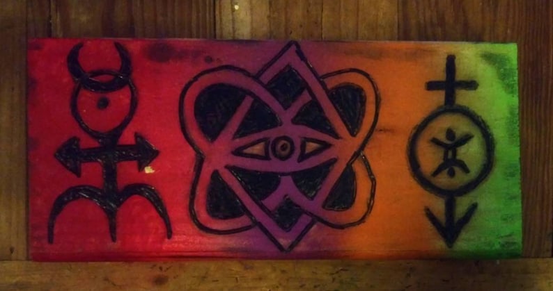 Occult symbol wood burning graffiti wall art Great for anyone into symbology or street art 6x12 wood board.