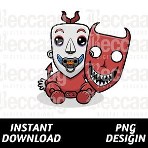 May include: A digital illustration of a baby dressed in a red outfit with a white face and a pacifier. The baby is holding a red devil mask with a wide grin. The image includes the text "INSTANT DOWNLOAD" and "PNG DESIGN".