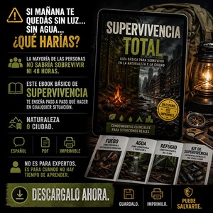 Puede incluir: Una tableta digital que muestra el título "SUPERVIVENCIA TOTAL" con el subtítulo "Guía básica para sobrevivir en la naturaleza y la ciudad." La imagen incluye consejos de supervivencia y una llamada a la acción para descargar el ebook.