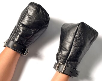 Bondage Fist Mitts Gloves Sheep Black Leather Padded Lined