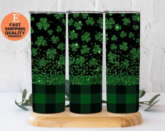 Green Glitter St. Paddy's Day Tumbler with Shamrock Design, Lucky Shamrock Glitter Tumbler for St. Patrick's Day