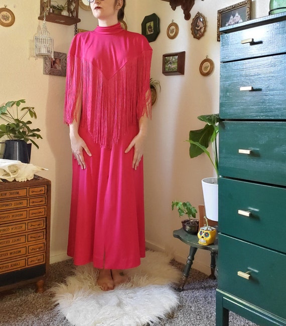 amazing vintage 1970s pink fringe dress/ 70s does