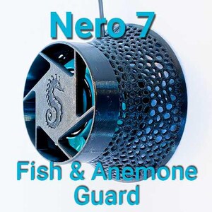 May include: A black and blue Nero 7 fish and anemone guard for an aquarium pump. The guard has a mesh design to protect fish and anemones from being injured by the pump.
