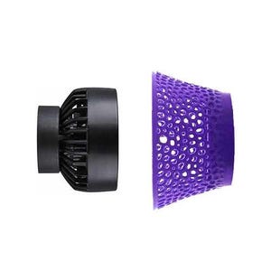 May include: A black hair dryer diffuser attachment with a purple,  perforated,  cone-shaped diffuser.