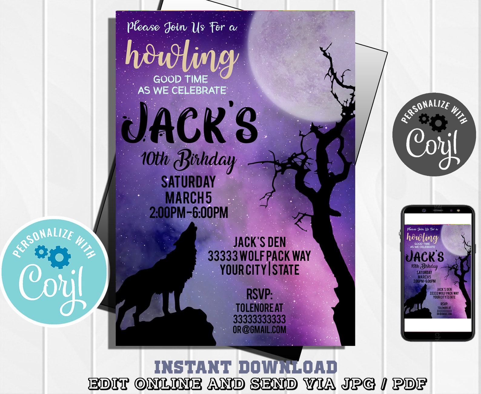 Wolf Birthday Party Invitation Wolf Howling Invitation Wolf Etsy