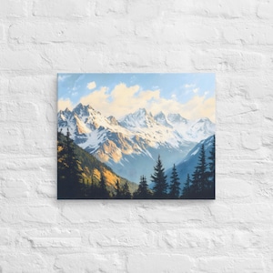 Snow Capped Mountain in Morning Light Painting Canvas Print, Golden Hue Snow Capped Mountain Wall Art, Peaceful Mountain Landscape Wall Art