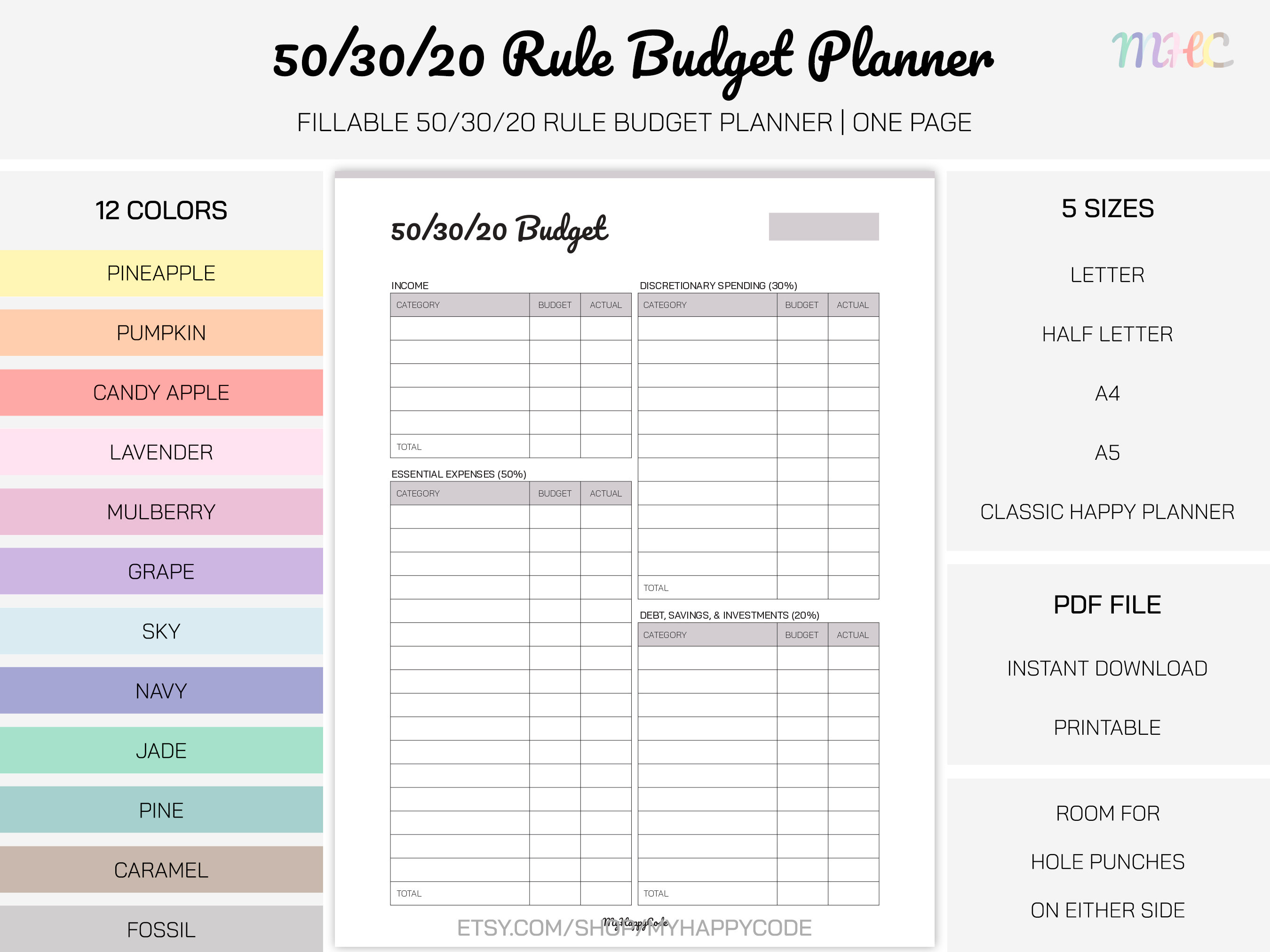 Fillable 50/30/20 Rule Budget Planner Printable, 50/30/20 Budget Printable,  Family Budget Planner, Monthly Budget Planner, Personal Budget 