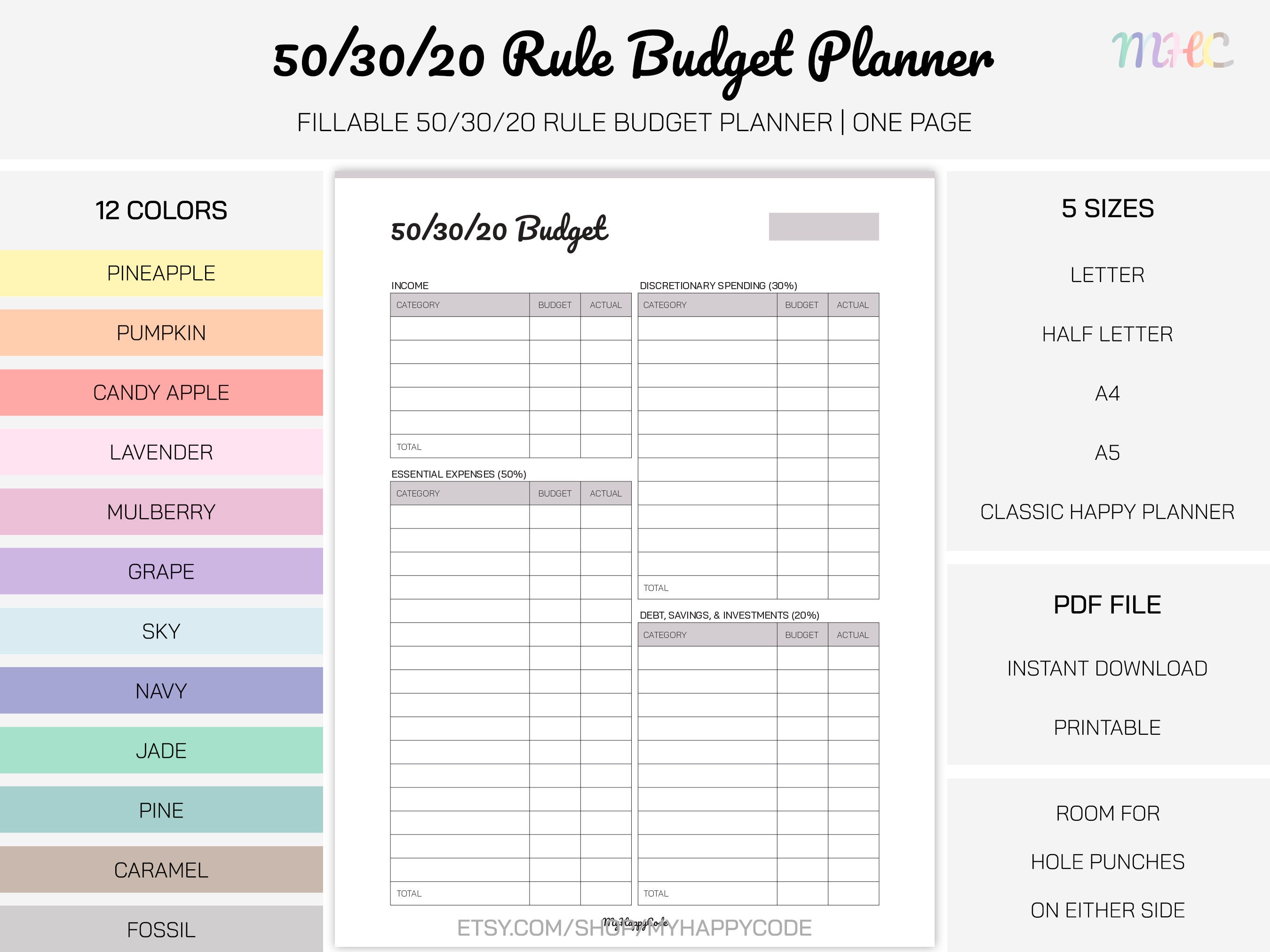 Fillable 50 30 20 Rule Budget Planner Printable 50 30 20 Etsy