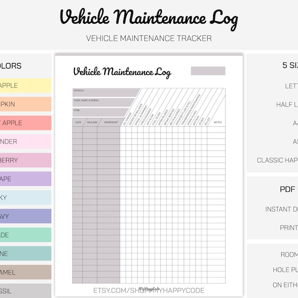 Vehicle Maintenance Log Printable, Vehicle Maintenance Tracker Printable, Vehicle Maintenance Checklist Printable