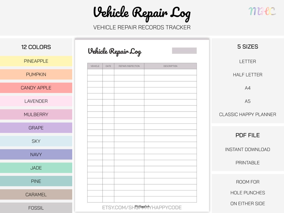 Vehicle Repair Log Printable, Vehicle Repair Records Printable, Vehicle Repair Tracker Printable ...