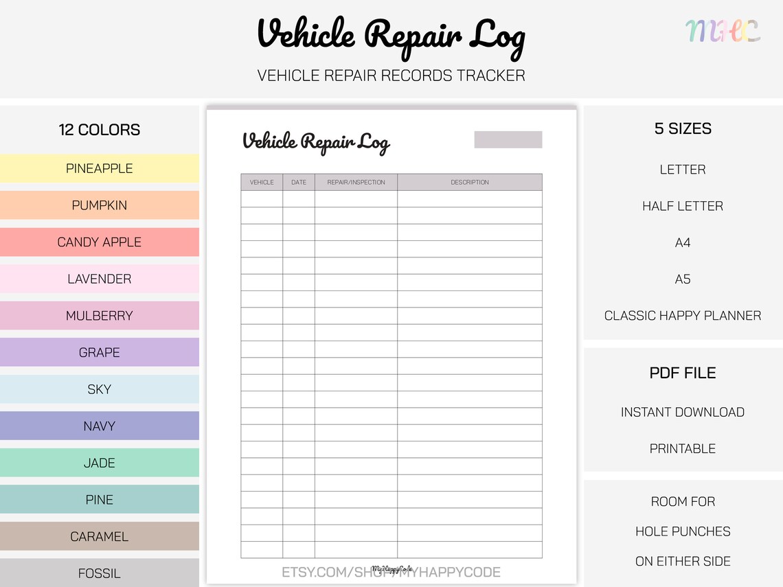 Vehicle Repair Log Printable, Vehicle Repair Records Printable, Vehicle