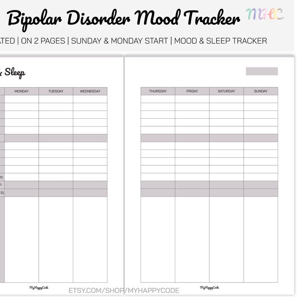 Undated Bipolar Disorder Mood and Sleep Tracker Printable, Bipolar Disorder Mood Tracker Printable, Bipolar Disorder Mood Chart