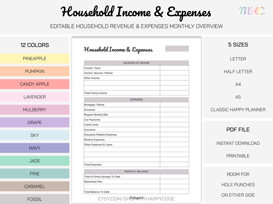 Editable Household Income and Expenses Monthly Overview Printable ...