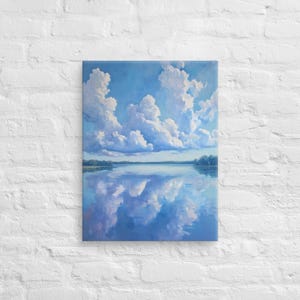 Peaceful Blue Lake Oil Printing Canvas Wallart, Peaceful Lake Landscape Wall Art, Lake Under the Blue Sky and White Clouds Wall Art
