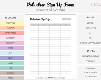 Volunteer Sign up Form Printable, Volunteer Contact List Printable,  Volunteer Contact Form Printable, Volunteer Log Printable - Etsy