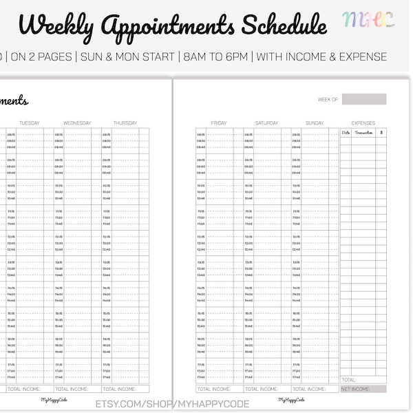 Weekly Appointment Schedule With Income and Expense Printable, Hair Stylist Appointment Book, Beauty Appointment Book, Hair Stylist Planner