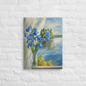 Blue Iris Flowers in Vase by the Window Printing Canvas Wallart, Blue Irises Wall Art, Blue Floral Wall Art